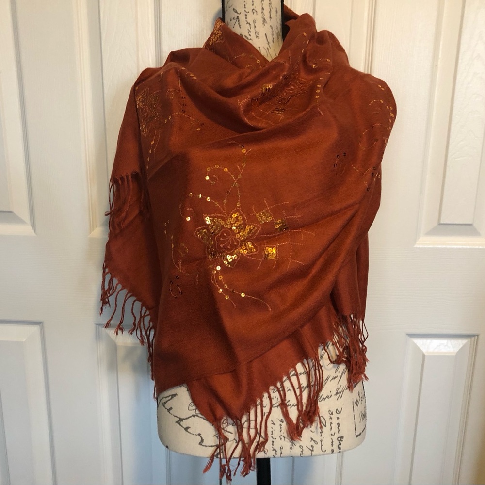 Beautiful Pashmina Shawl with hand sown sequin, Rusty orange